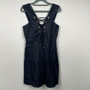 J Crew Linen Lace Up Tie Black Mini Dress Sleeveless V Neck LBD Sz 4
